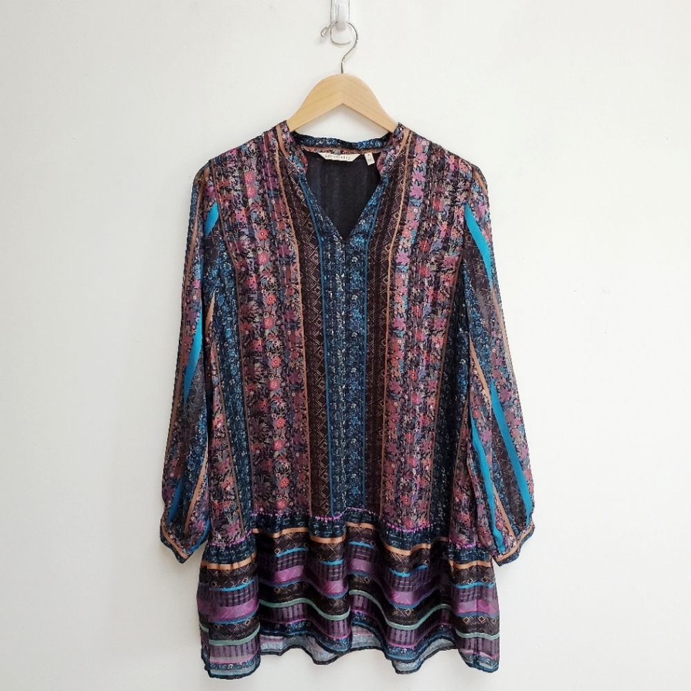 Soft Surroundings Boho Floral Tunic Puff Sleeve 70's Cottagecore Blouse Size M